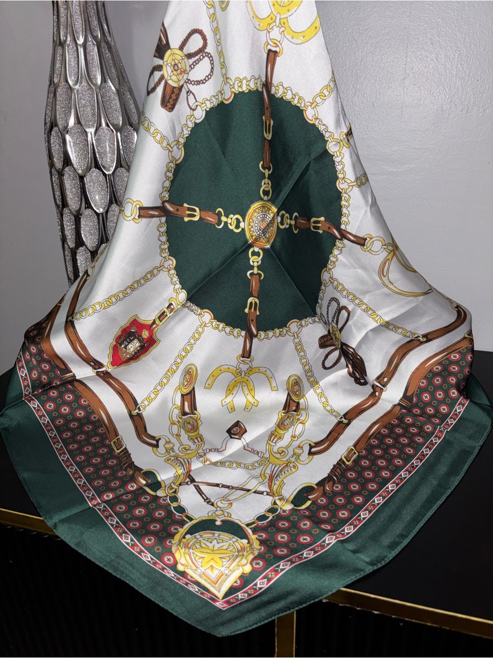 Green & White Chain Print Silk Feel Scarf